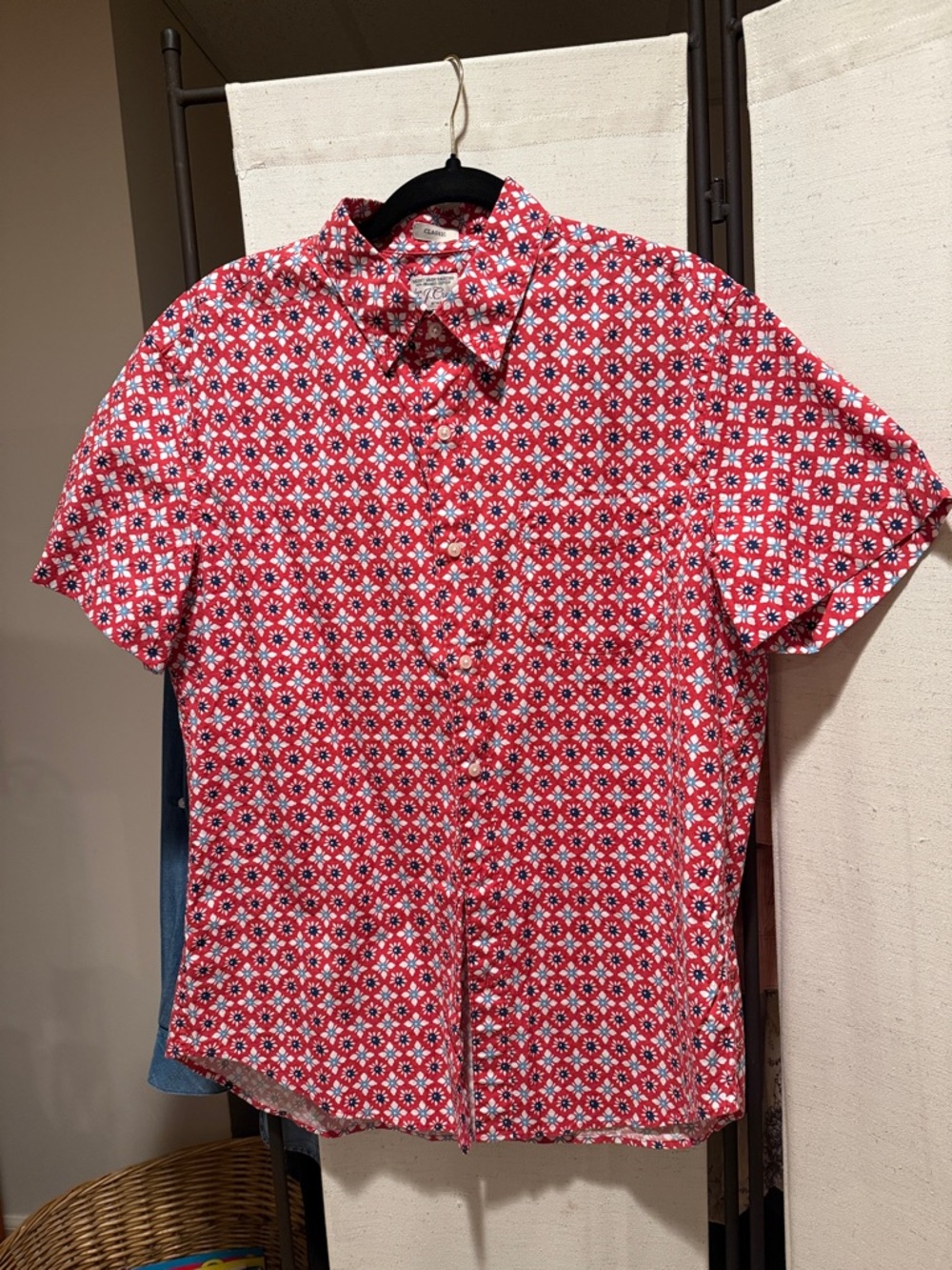 J. Crew Red Geometric Short-Sleeve Button-Down Shirt